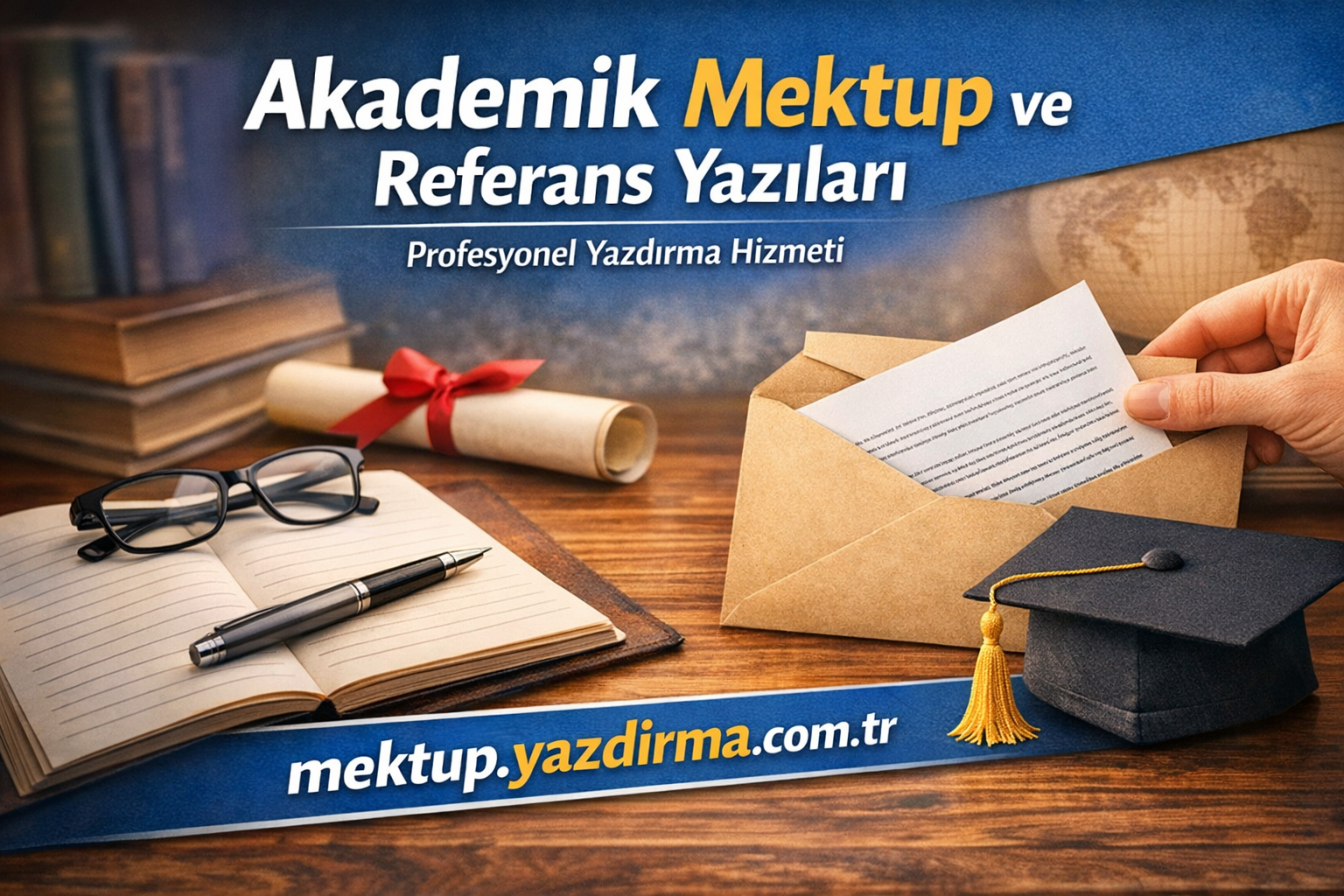 Promotional banner for academic letter and reference writing service with diploma envelope notebook glasses pen and graduation cap on a wooden desk
