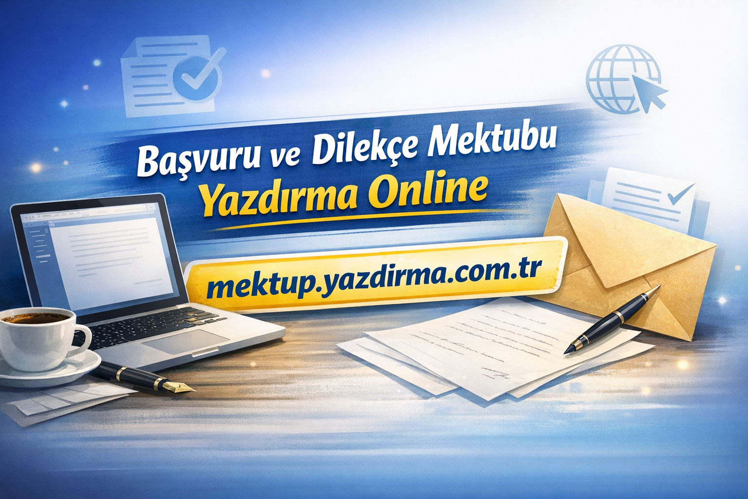 Online letter writing banner Turkish text promotes application and petition letter printing with the URL mektupyazdirmacomtr laptop envelope pen on a desk