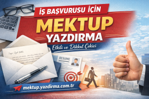 Banner promoting job application letter writing showing envelopes a resume pen laptop cityscape and a big thumbs up