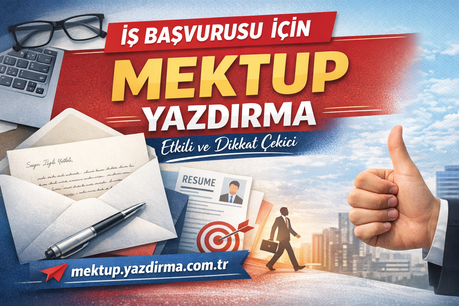 Banner promoting job application letter writing showing envelopes a resume pen laptop cityscape and a big thumbs up