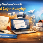 Promotional banner for a letter writing site showing a laptop envelopes and mailbox with the URL mektupyazdirmacomtr Turkish Digital era made easy