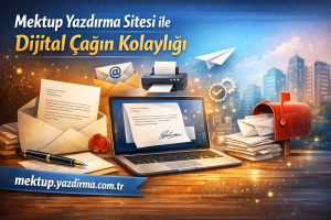 Promotional banner for a letter writing site showing a laptop envelopes and mailbox with the URL mektupyazdirmacomtr Turkish Digital era made easy