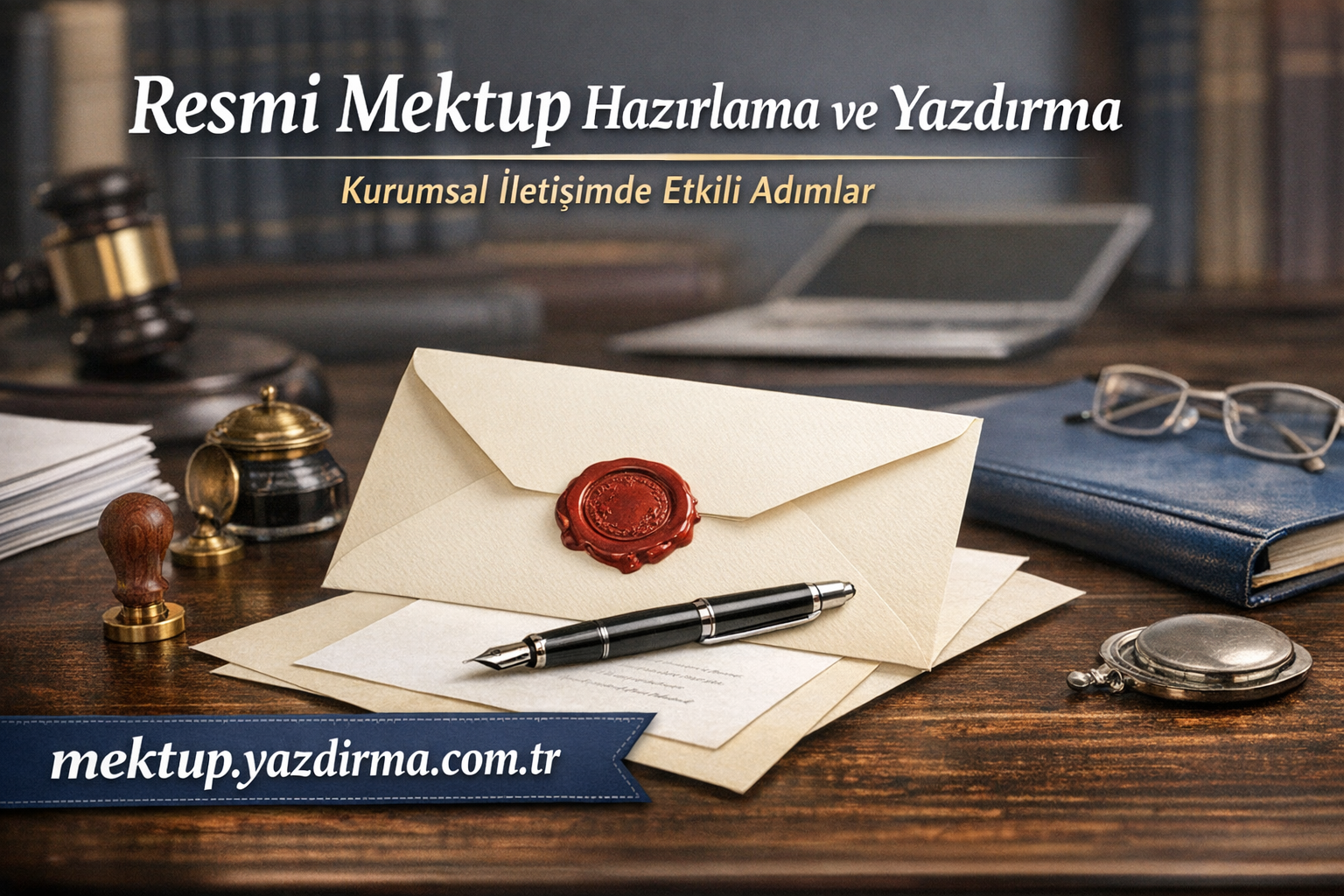 Resmi mektup hazırlama ve yazdırma hizmetini tanıtan ofis masası zarflar mürekkep kalemi ve kırmızı mühürlü zarfederler