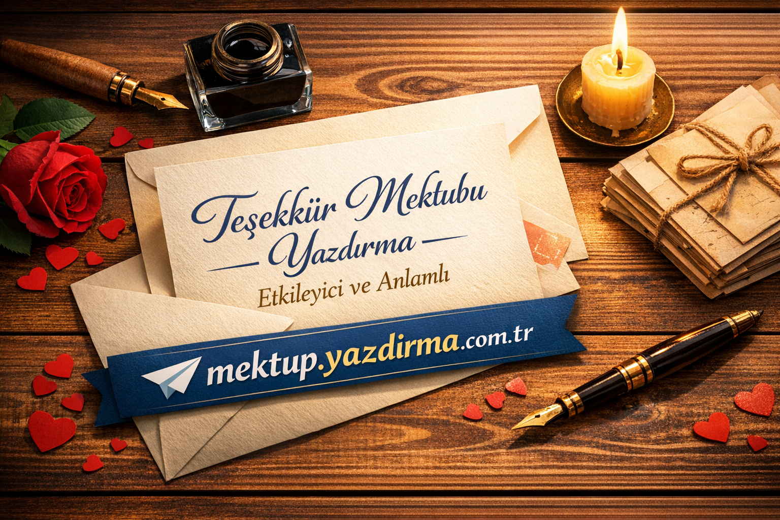 Romantic desk scene with a handwritten letter rose ink bottle candle and a blue ribbon promoting mektupyazdirmacomtr Turkish