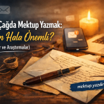Banner for a Turkish article on writing letters in the digital age showing a fountain pen handwritten letters a laptop and a lit candle on a desk