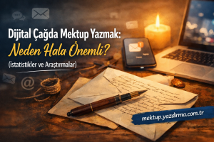 Banner for a Turkish article on writing letters in the digital age showing a fountain pen handwritten letters a laptop and a lit candle on a desk