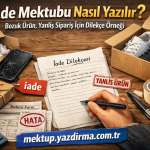 Turkish banner about how to write a return letter for defective or wrong items shows return form label iade and a HATA stamp on papers on a wooden table