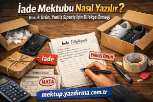 Turkish banner about how to write a return letter for defective or wrong items shows return form label iade and a HATA stamp on papers on a wooden table