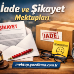 İade ve Şikayet Mektupları temasını gösteren masa üstü sahne posta zarfı ŞİKAYET yazılı belge ve iade kutusu ile birlikte gavel veya münferit öğeler