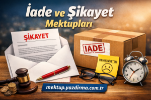 İade ve Şikayet Mektupları temasını gösteren masa üstü sahne posta zarfı ŞİKAYET yazılı belge ve iade kutusu ile birlikte gavel veya münferit öğeler