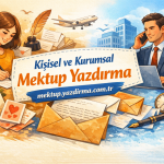Colorful illustration promoting personal and corporate letter writing a woman writes on the left a businessman on the phone on the right with envelopes and a rose in the foreground