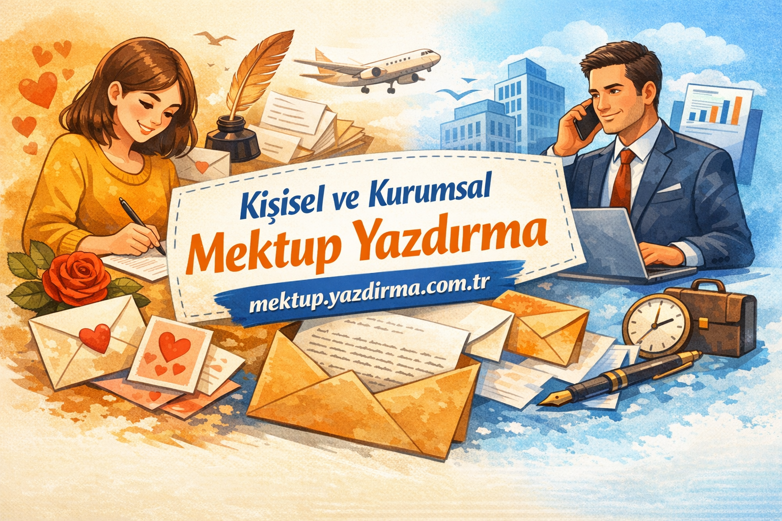 Colorful illustration promoting personal and corporate letter writing a woman writes on the left a businessman on the phone on the right with envelopes and a rose in the foreground