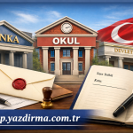 collage of Banka OKUL and Devlet Dairesi buildings with Turkish flag envelope seal notebook in foreground mektupyazdirmacomtr