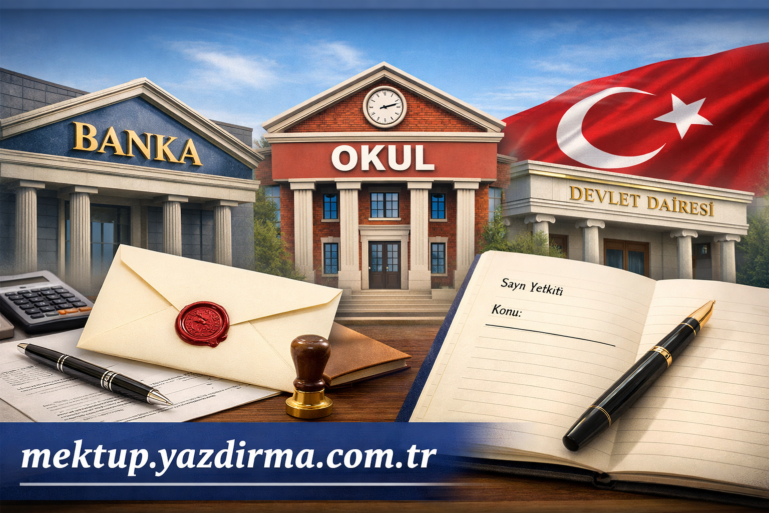 collage of Banka OKUL and Devlet Dairesi buildings with Turkish flag envelope seal notebook in foreground mektupyazdirmacomtr