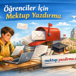 Student typing on a laptop at a desk with books and a red mailbox promoting student letter writing