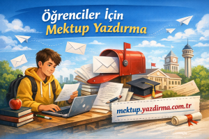 Student typing on a laptop at a desk with books and a red mailbox promoting student letter writing