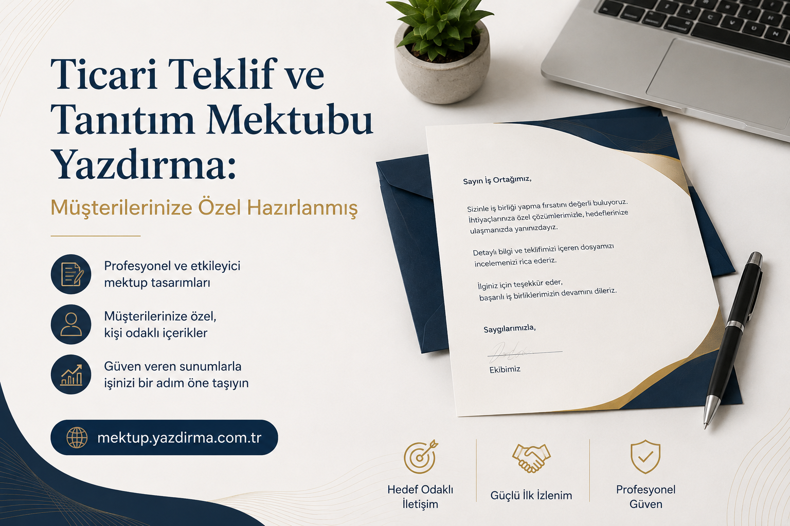 Ticari Teklif ve Tanıtım Mektubu Yazdırma Mektup Yazdırma Danışmanlık Türkçe reklam afişi müşteriler için özel hazırlanmış teklif ve tanıtım mektubu yazdırma hizmetinin tanıtımı masa üstünde mektup zarf kalem laptop ve bitkiyle