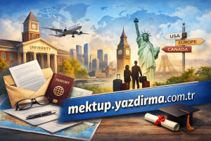 Promotional collage for international study travel services passport documents map glasses luggage graduation cap and a blue banner reading mektupyazdirmacomtr