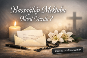 A lit candle an open envelope with a letter white lilies and a pen on a rustic surface for a condolence letter guide Turkish text above
