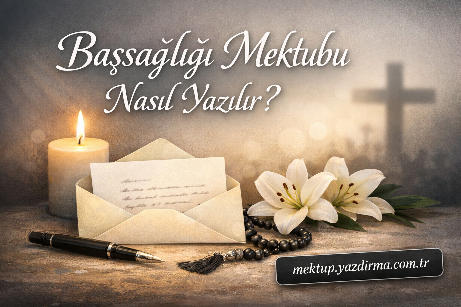 Başsağlığı Taziye Mektubu Nasıl Yazılır Mektup Yazdırma Danışmanlık A lit candle an open envelope with a letter white lilies and a pen on a rustic surface for a condolence letter guide Turkish text above
