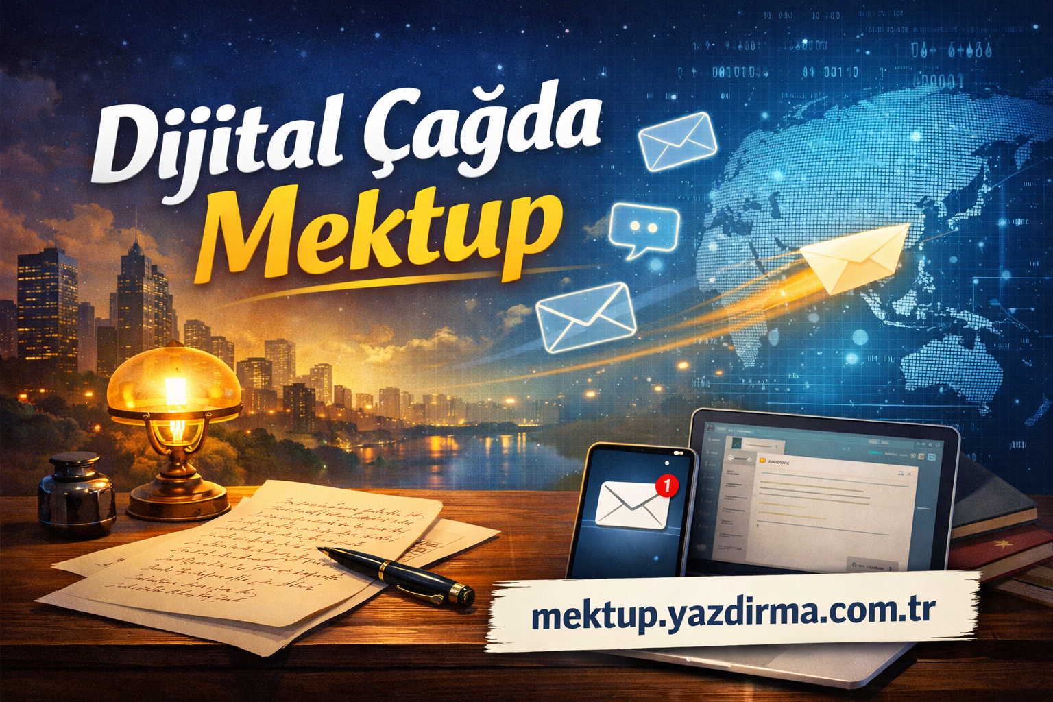 Promotional image for Dijital Çağda Mektup showing a desk with a lamp handwritten letters and devices tablet and phone sending digital mail to a world map backdrop URL mektupyazdirmacomtr