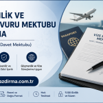 Turkish banner for visa application letter writing service showing a passport globe and a signed document on a desk