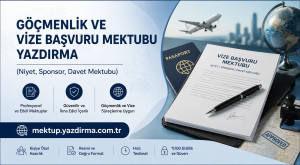 Turkish banner for visa application letter writing service showing a passport globe and a signed document on a desk