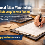 Turkish banner promoting formal letter writing for corporate reputation management a hand signs a document at a desk with envelopes nearby