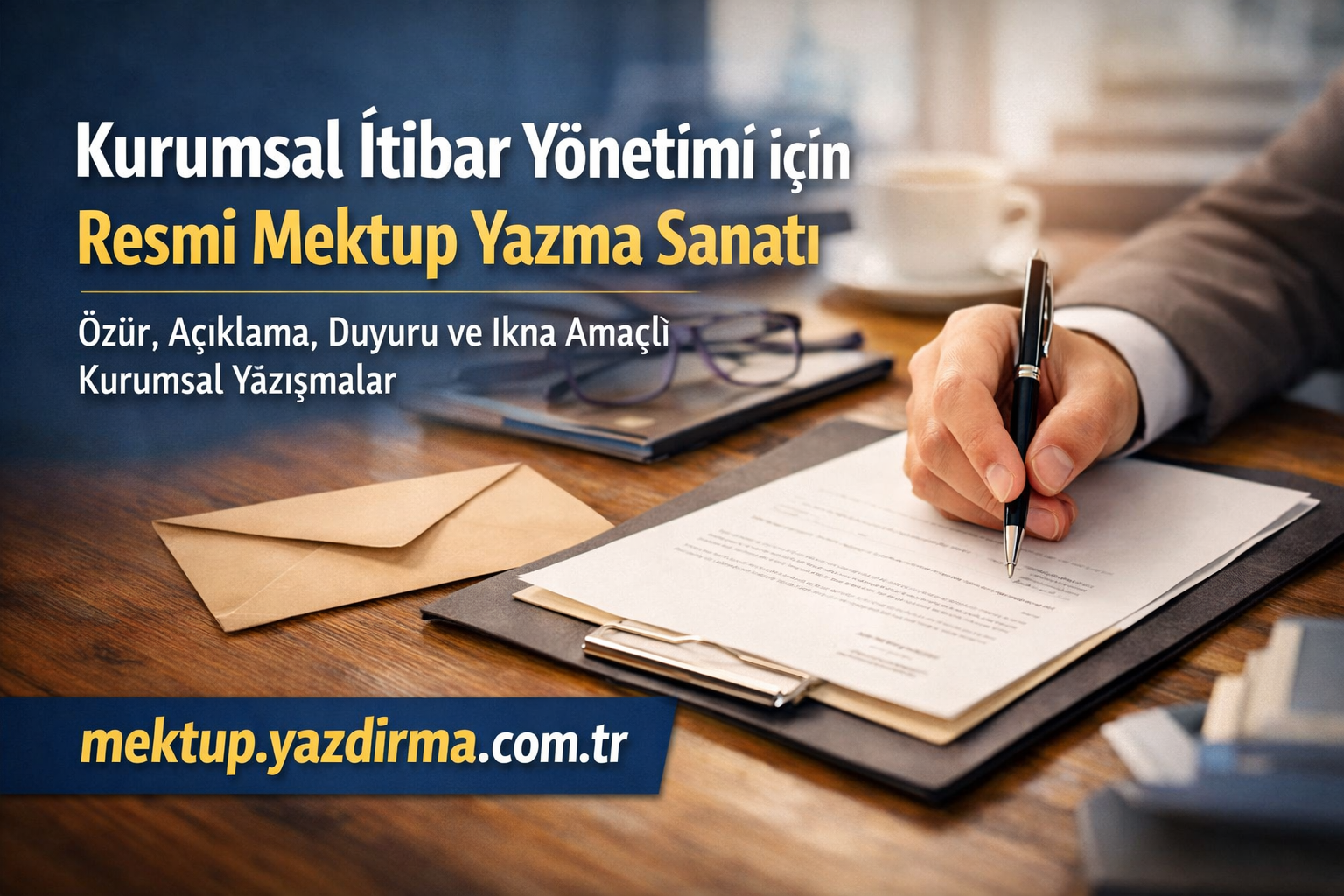 Turkish banner promoting formal letter writing for corporate reputation management a hand signs a document at a desk with envelopes nearby