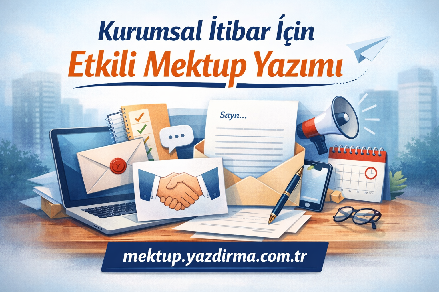 Kurumsal İtibar Yönetimi için Resmi Mektup Yazma Sorununu Çözdürme Mektup Yazdırma Danışmanlık Banner promoting Kurumsal itibar için Etkili Mektup Yazımı desk with papers laptop handshake image and site mektupyazdirmacomtr