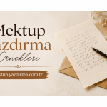 Turkish title Mektup Yazdırma Örnekleri on beige background with a handwritten letter envelopes wax seal and coffee on the right