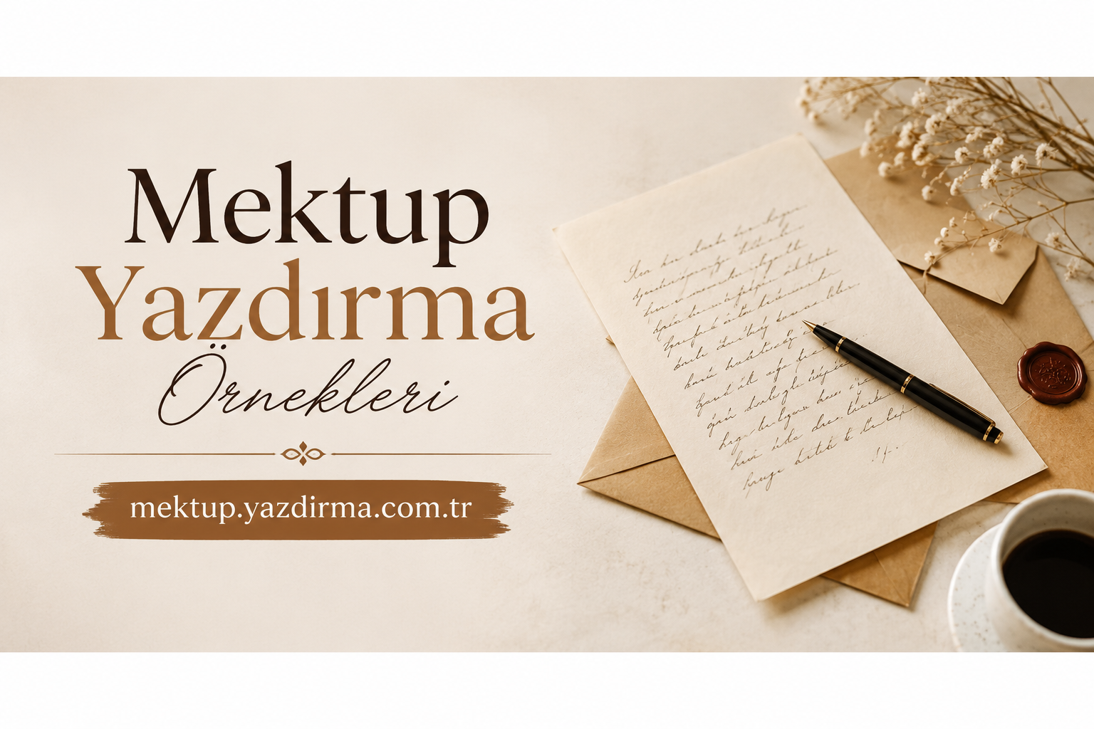 Turkish title Mektup Yazdırma Örnekleri on beige background with a handwritten letter envelopes wax seal and coffee on the right