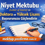 Blue educational banner promoting a Letter of Intent for PhD and Masters applications featuring a hand writing in a notebook graduation cap diploma glasses and stacks of books with the site mektupyazdirmacomtr