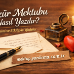 Türkçe poster Özür Mektubu Nasıl Yazılır Samimi ve Etkileyici İfadeler kalem zarf mürekkep şişesi mum ve kırmızı kalpyle eski ahşap masa üzerinde