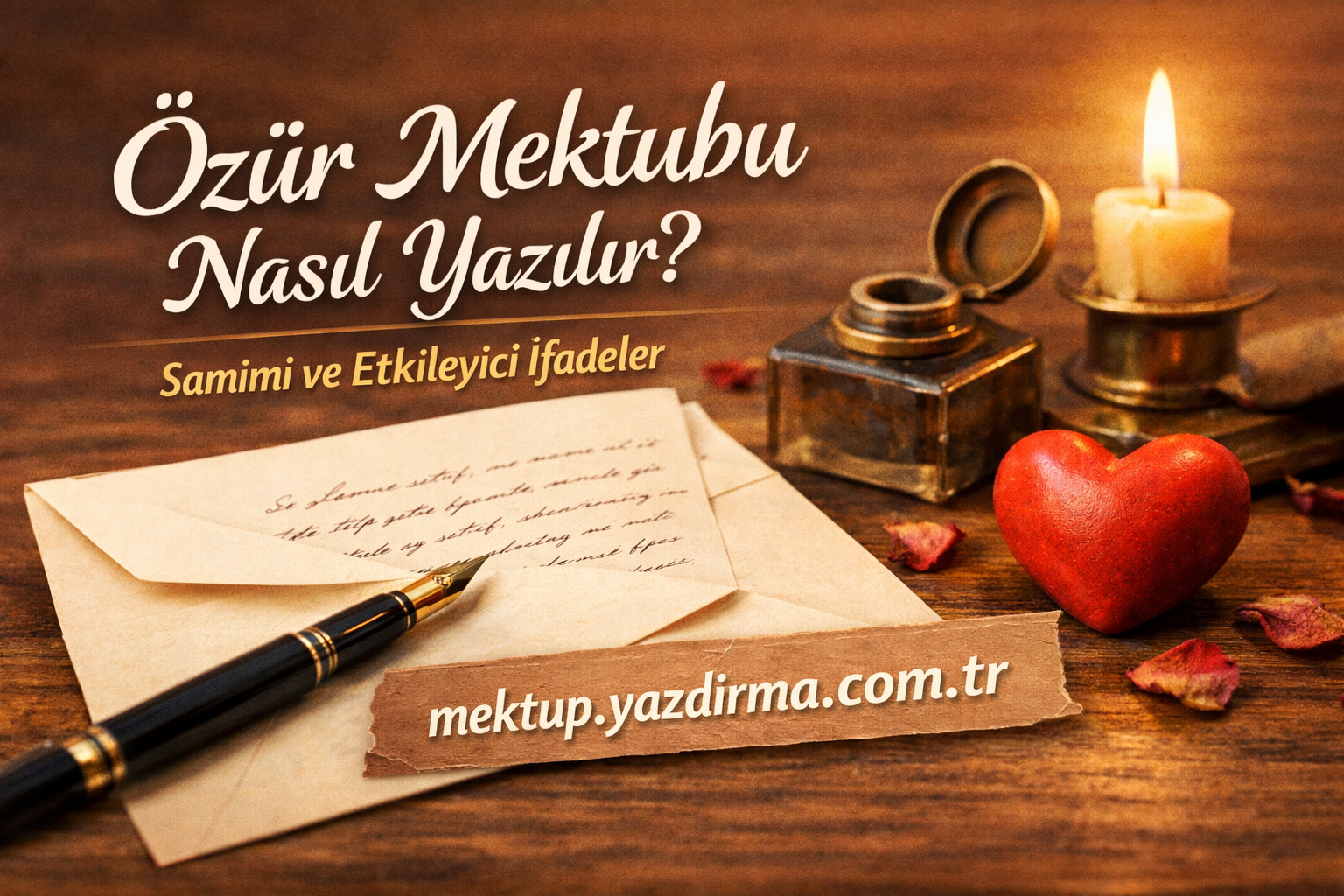 Türkçe poster Özür Mektubu Nasıl Yazılır Samimi ve Etkileyici İfadeler kalem zarf mürekkep şişesi mum ve kırmızı kalpyle eski ahşap masa üzerinde