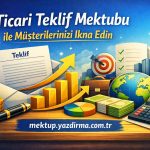 Turkish business themed banner encouraging client persuasion with a Teklif document charts money globe and a calculator icon