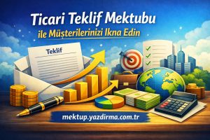 Turkish business themed banner encouraging client persuasion with a Teklif document charts money globe and a calculator icon