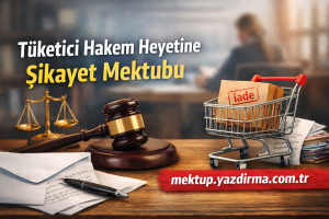 Turkish banner about filing a complaint letter to the Consumer Arbitration Board with a gavel scales and a shopping cart with a return package labeled iade