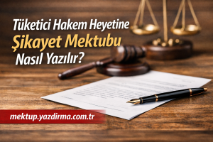 Turkish legal themed image showing a gavel scales of justice and a document with a Turkish headline about how to write a complaint letter to the Consumer Arbitration Board a pen rests on the paper