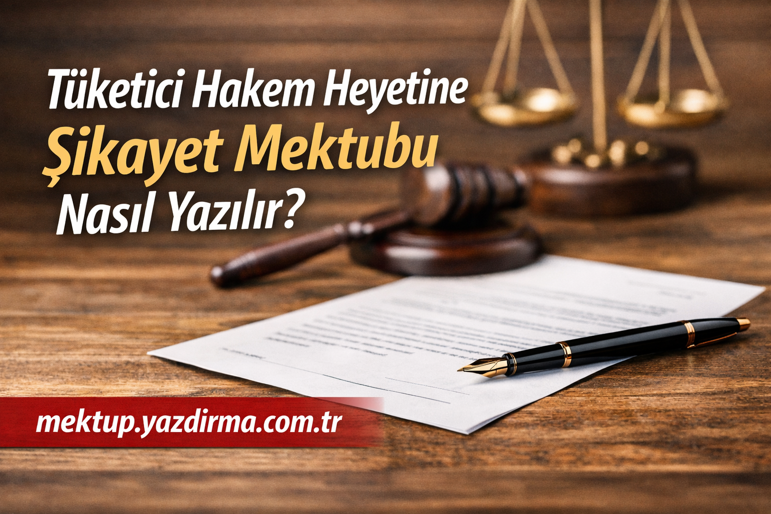 Tüketici Hakem Heyetine Şikayet Mektubu Nasıl Yazılır Mektup Yazdırma Danışmanlık Turkish legal themed image showing a gavel scales of justice and a document with a Turkish headline about how to write a complaint letter to the Consumer Arbitration Board a pen rests on the paper