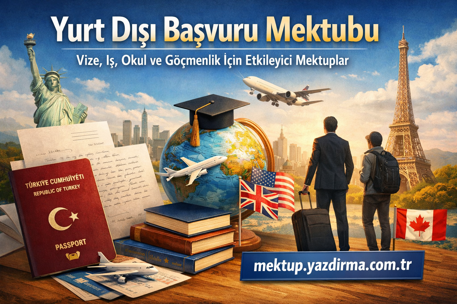Turkish travel ad showing passports globe with a graduation cap airplane models and flags for Turkey USA UK and Canada with Eiffel Tower in the background promoting study abroad letters and a website
