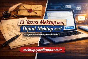 Split banner comparing handwritten letter vs digital letter left side handwritten papers and ink right side a laptop with email icons torn paper divider and Turkish headline El Yazısı Mektup mu Dijital Mektup mu URL at bottom mektupyazdirmacomtr