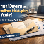 Turkish promotional banner on desk about corporate announcements and how to write information letters with a pen envelopes and papers visible