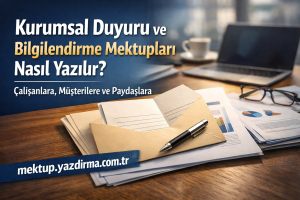Turkish promotional banner on desk about corporate announcements and how to write information letters with a pen envelopes and papers visible