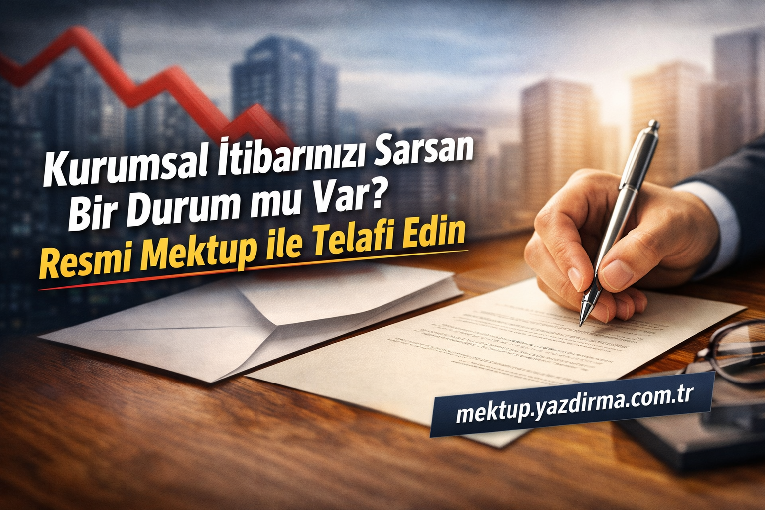 Turkish ad banner repair your corporate reputation with a formal letter a hand signs a document against a cityscape backdrop