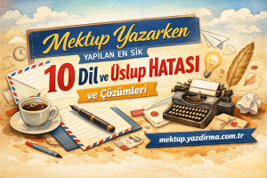 Vintage style poster advertising tips for 10 Language and Style Mistakes in letter writing with a typewriter notebook and coffee cup