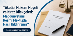 Turkish banner about Consumer Court Committee and how to file a complaint by formal letter with scales of justice on the right and a blank form