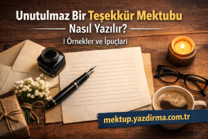Turkish banner on a wooden desk pen ink envelopes flowers candle glasses and coffee for a guide on writing an unforgettable thank you letter with tips and examples