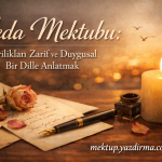 Poster of a farewell letter scene rose fountain pen ink bottle and a lit candle on a wooden desk with warm sepia tones