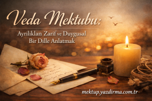 Poster of a farewell letter scene rose fountain pen ink bottle and a lit candle on a wooden desk with warm sepia tones